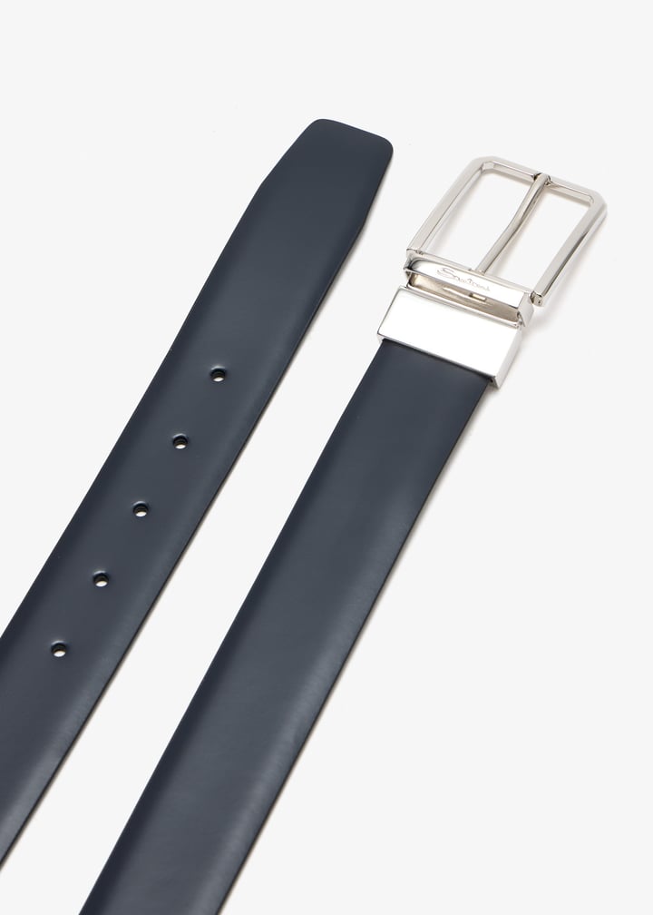 Santoni Reversible Leather Belt Blue Calf Silver-Tone Buckle 3.5cm